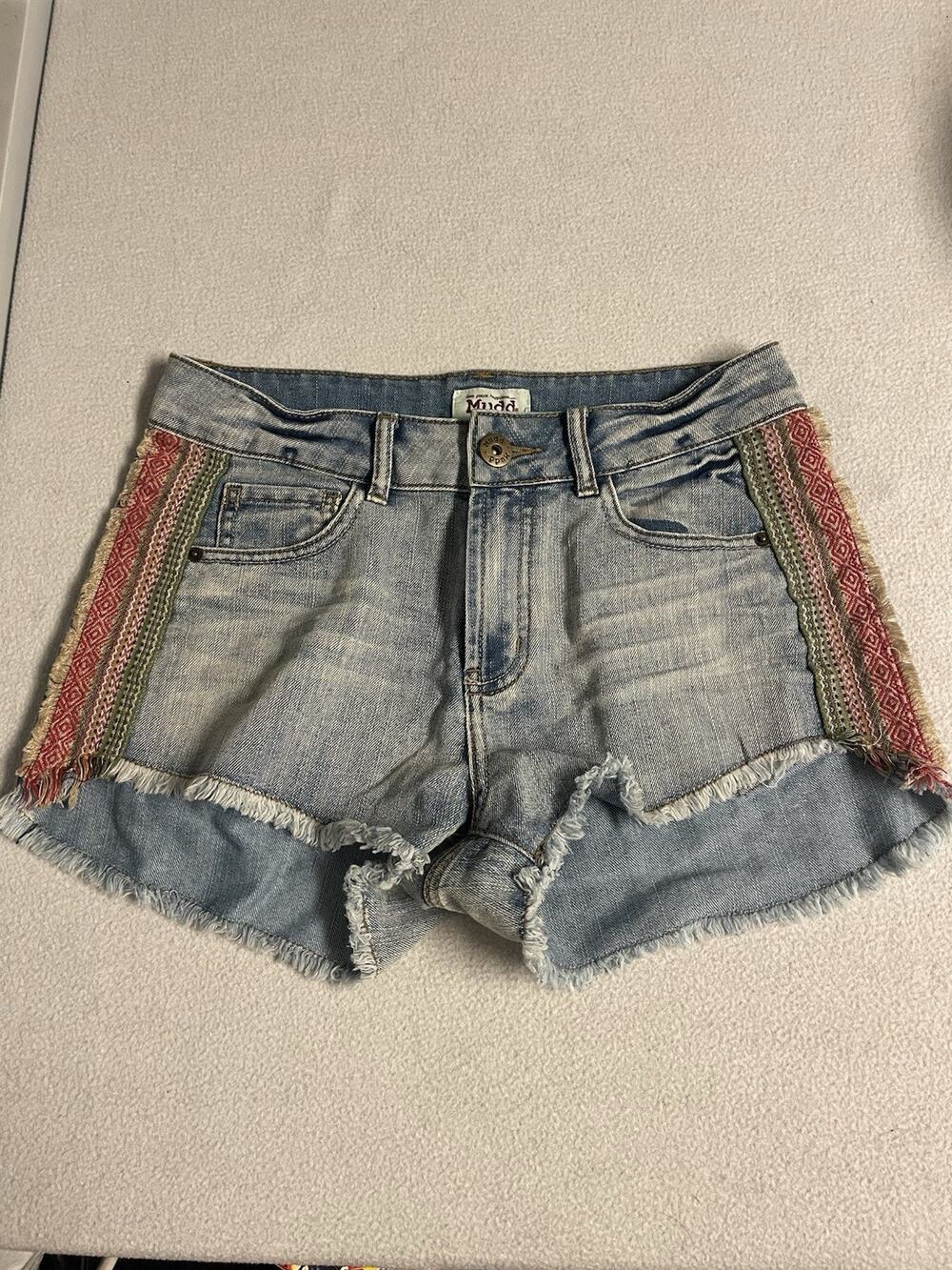 Mudd Denim Shorts Size 7 Boho Aztec Embroidered Side Trim Frayed Hem Cutoff Mini